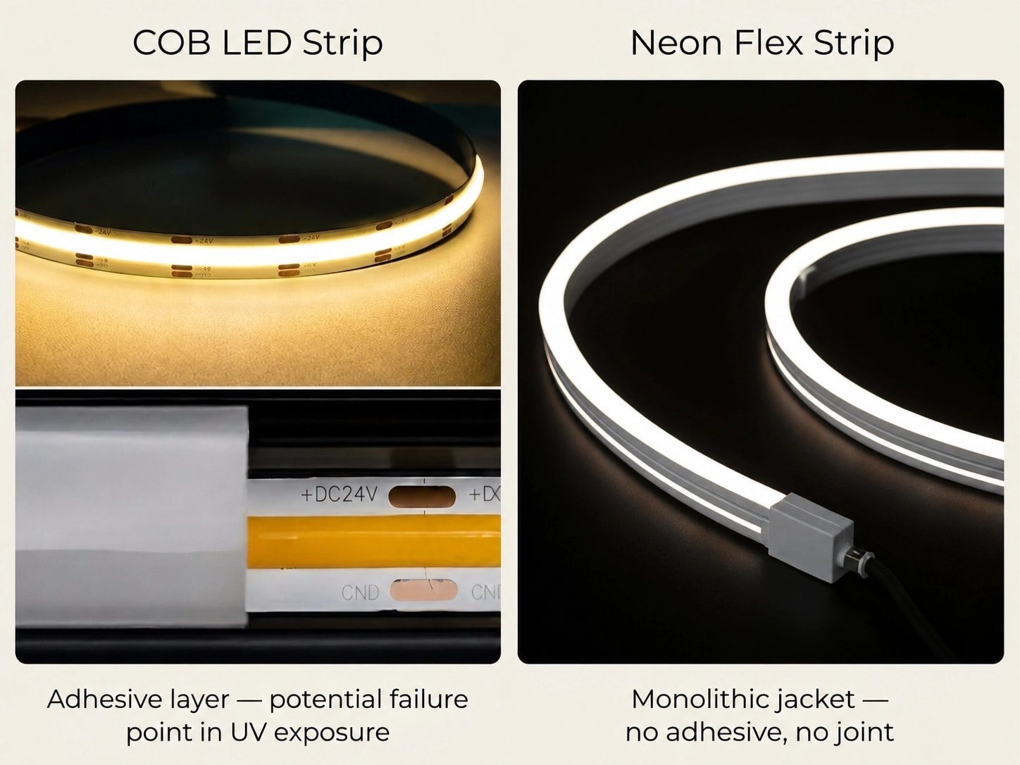 COB strip and neon flex in the same visible-line application.