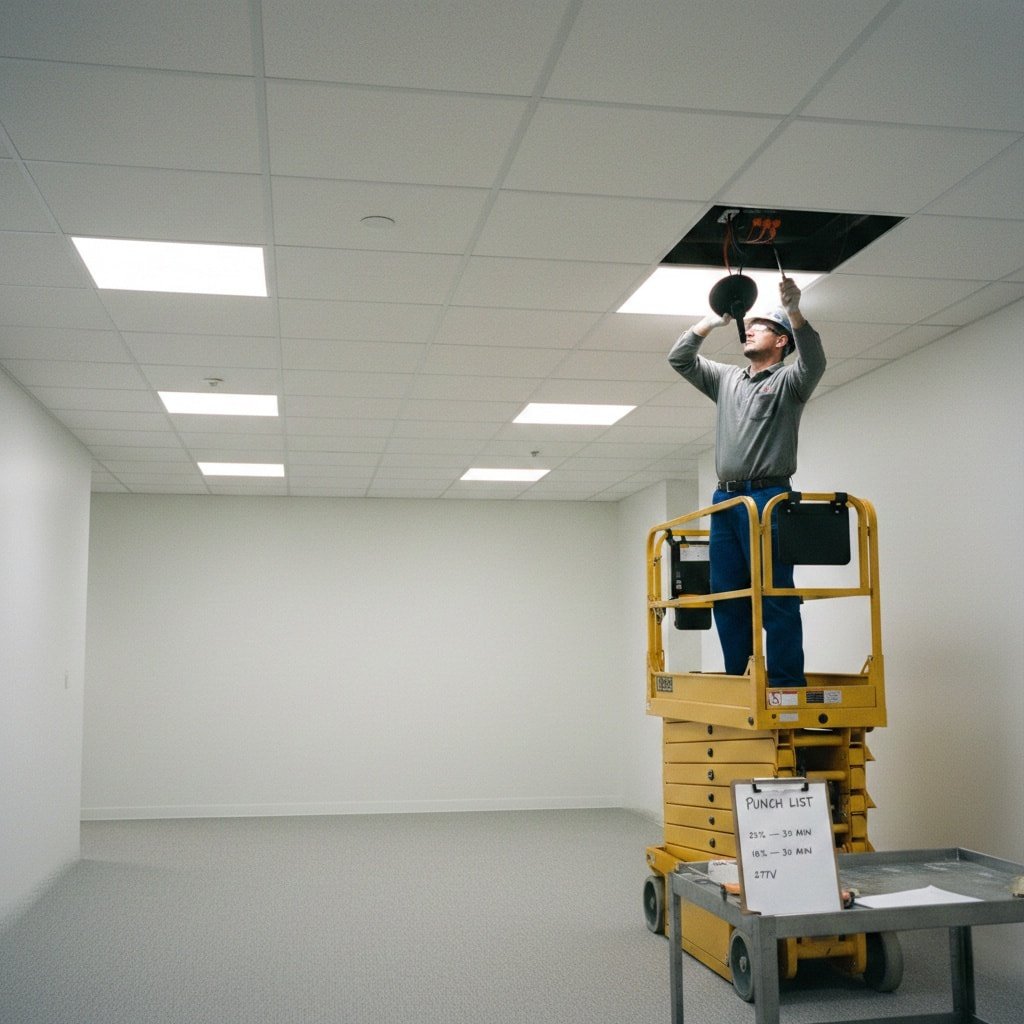 Linear fixture in a project installation with mounting and service access shown.