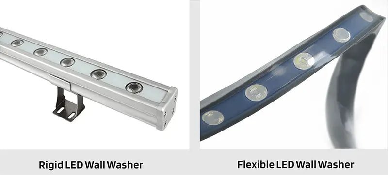 Flexible wall washer and rigid wall washer creating different beam patterns.
