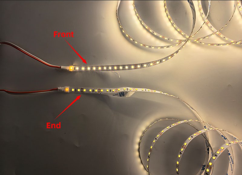 Long strip run with bright input and dim far end.